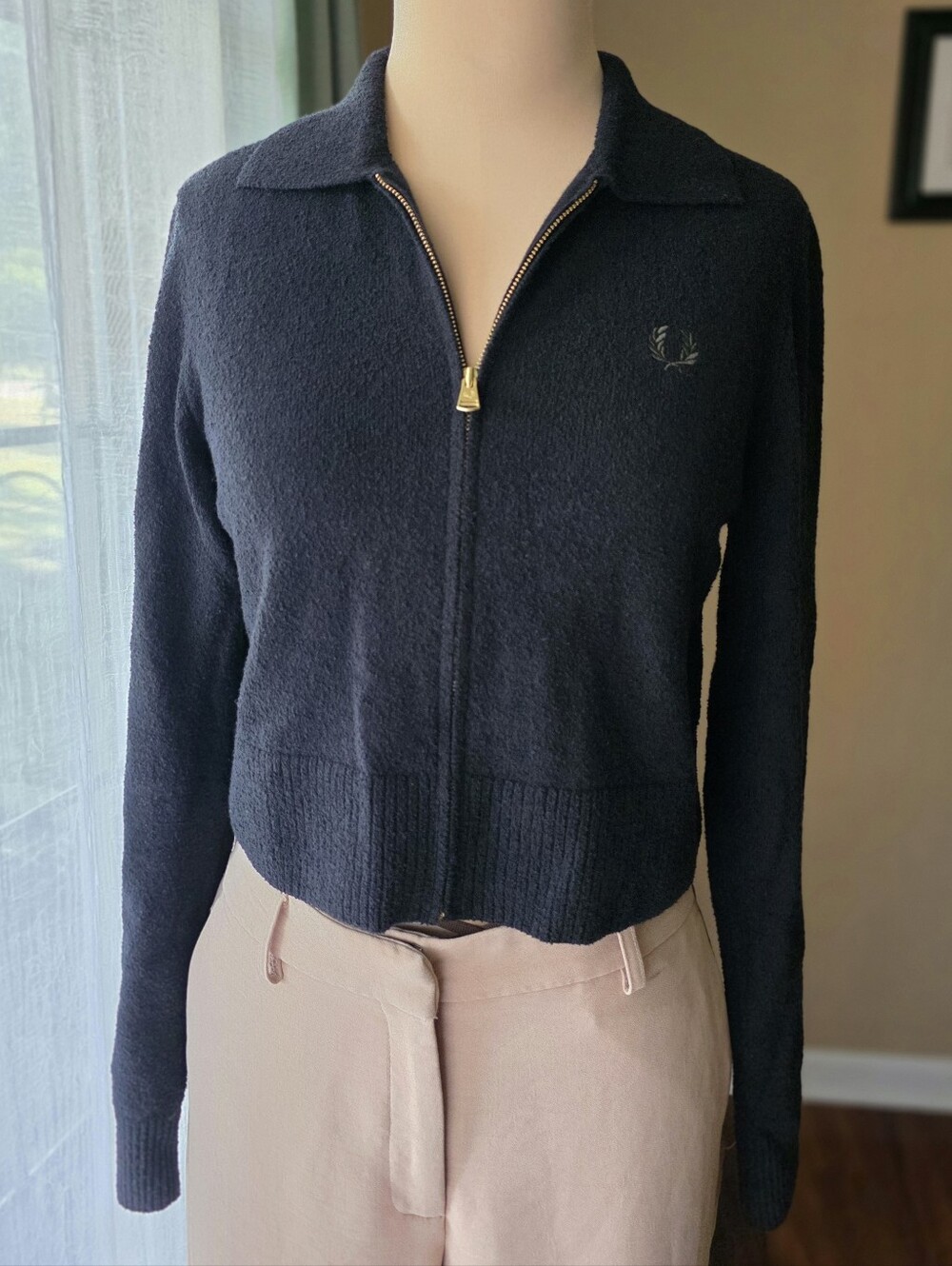 Fred Perry Black Textured Cropped Zip Through Cardigan Knit Sweater Jacket US 6